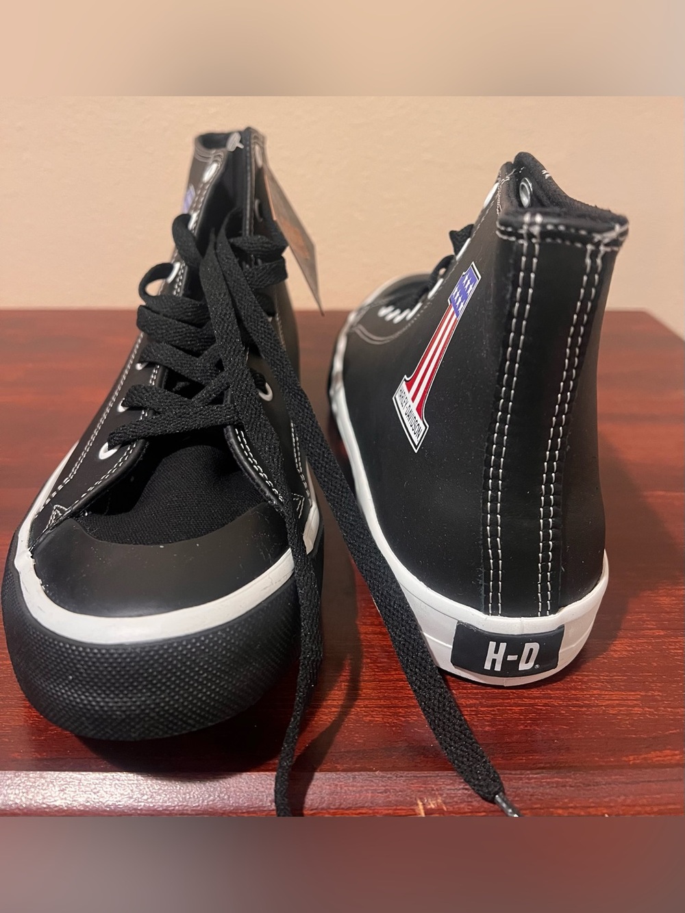 Harley-Davidson Black High-Top Sneakers with White Trim and Flag Patch